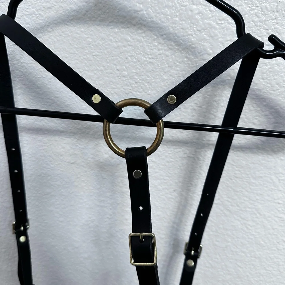 Black Leather Harness Belt with Gold Chain Accent